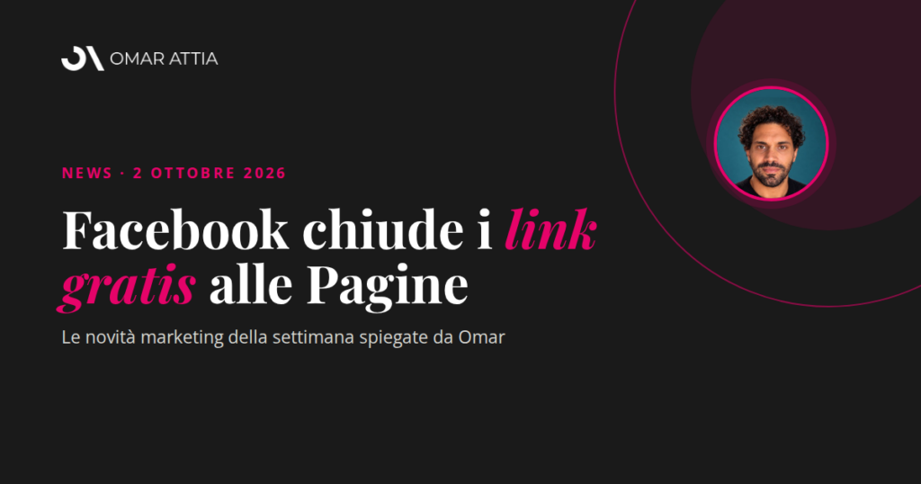 Copertina news marketing del 2 ottobre 2026: Facebook limita i link delle Pagine